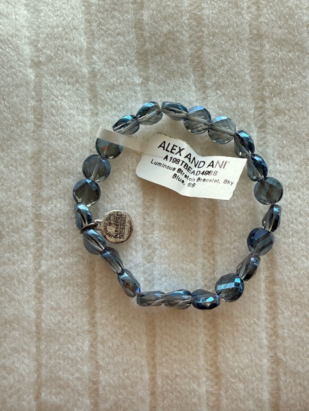 Alex and Ani Faceted Sky Blue Bead Stretch Bracelet with Silver Charm New NWT 6”